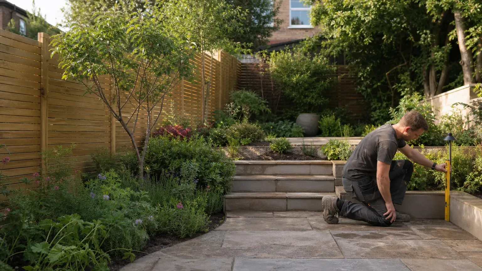 Illustrative AI-generated landscape gardener checking levels in a planted urban garden